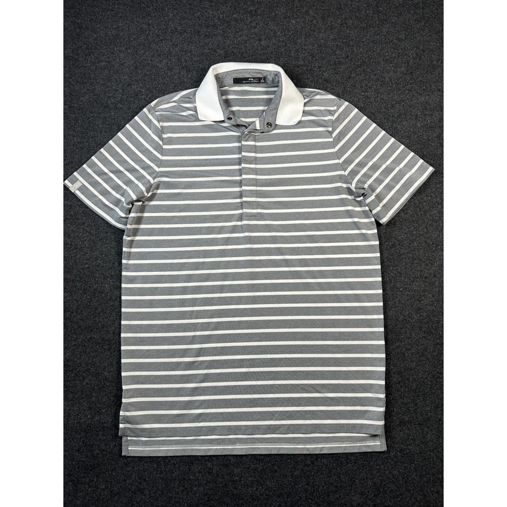 RLX Ralph Lauren Mens Grey White Striped Golf Polo Shirt Medium Snap Button
